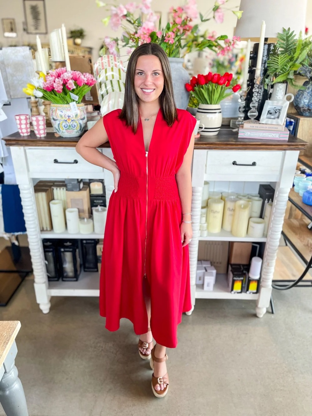 entro V-Neck Red Sleeveless Zip Front Dress